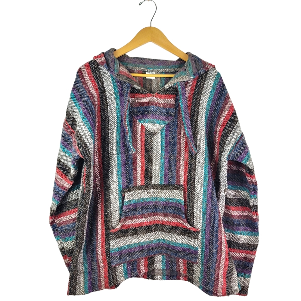 Mexican Hoodie Men Large Poncho Jacket Sweater Striped Red Brown Blue Green Boho